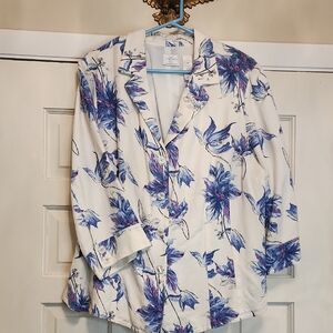 EMMA JAMES Linen Rayon Jacket Blue Purple Floral Design Darts, Pearlized Buttons